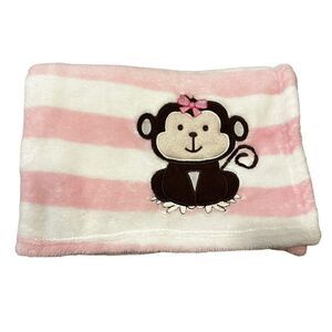 SNUGLY BABY Pink White Striped Print Fleece Monkey Bow Blanket Lovey HTF